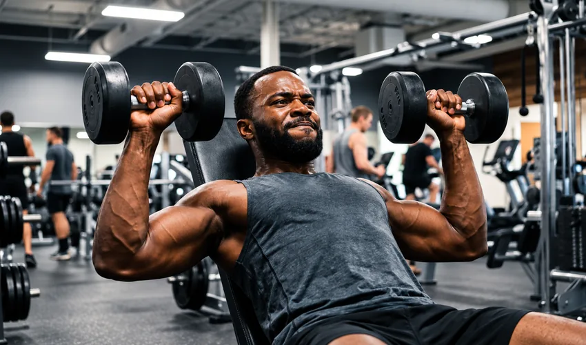 Man performing a controlled dumbbell press during strength training in the gym