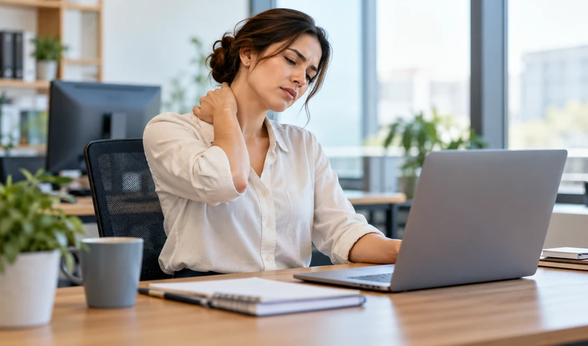 Office worker holding her neck while sitting at a laptop, experiencing neck and shoulder stiffness from prolonged desk work