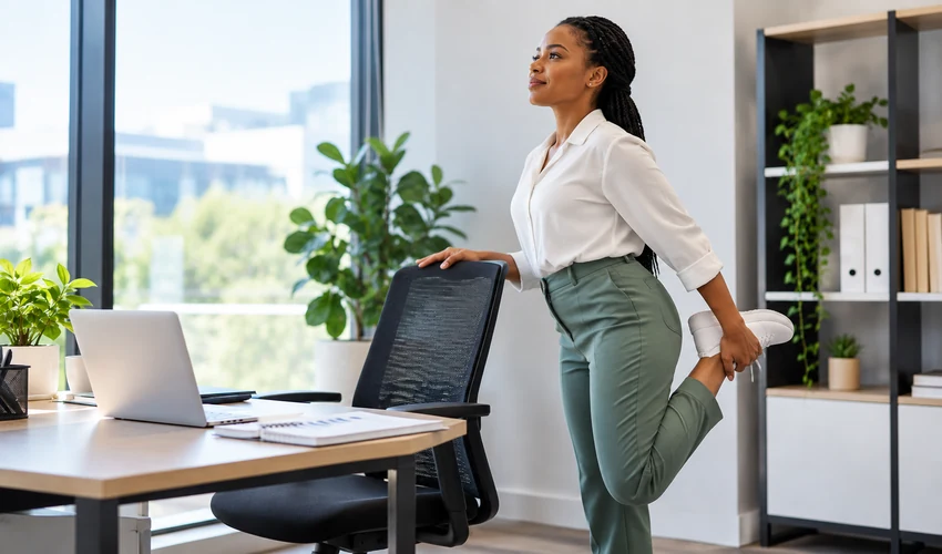 Office worker taking a standing stretch break beside her desk to reduce stiffness from prolonged sitting